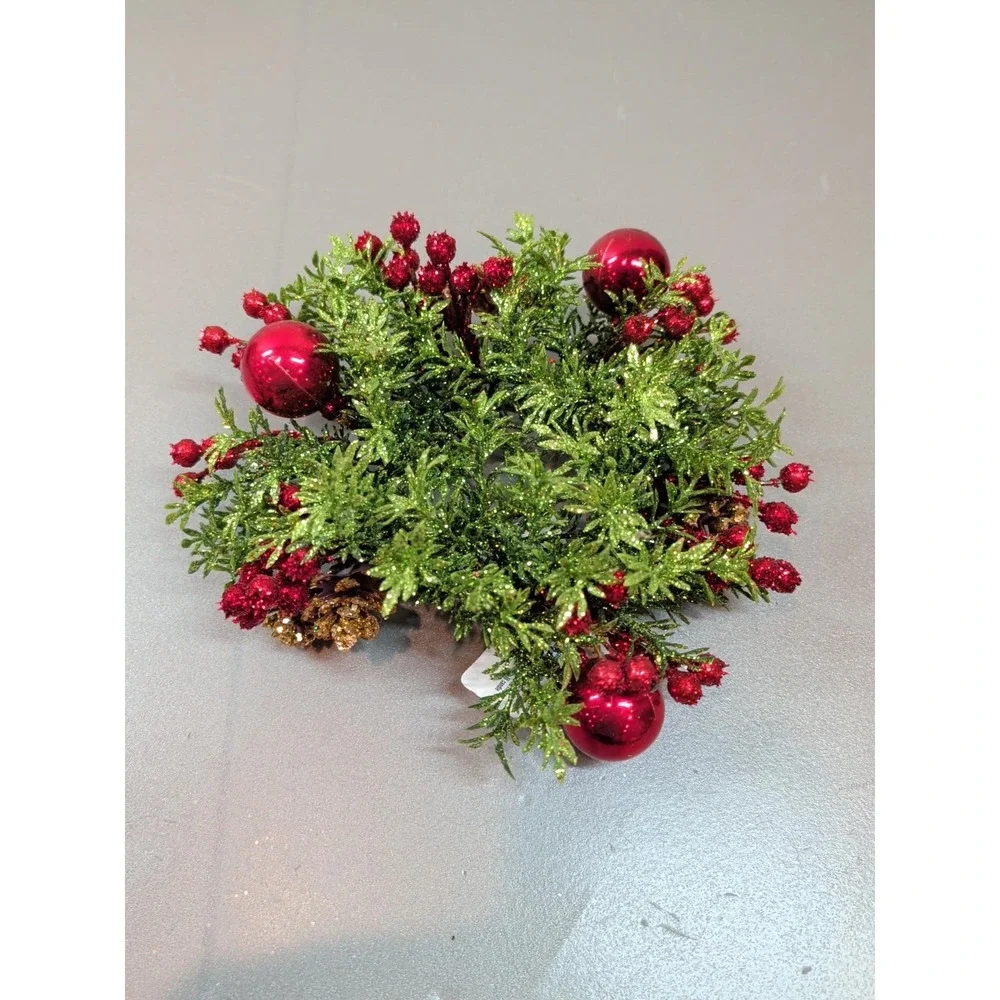 Darice Christmas Candle Ring 8in Glitter Greenery Red Berries Ornaments 30028443